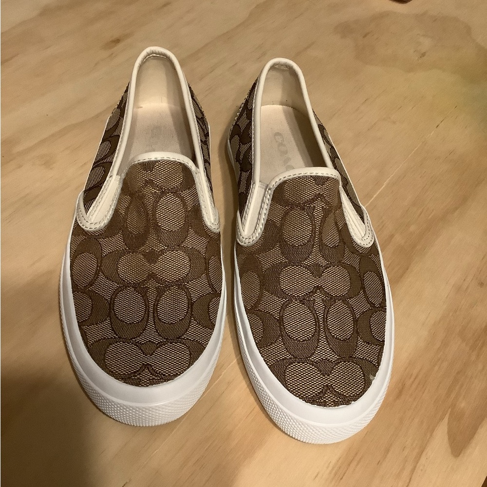 Coach Brown Signature Slip-On Sneakers with White Trim